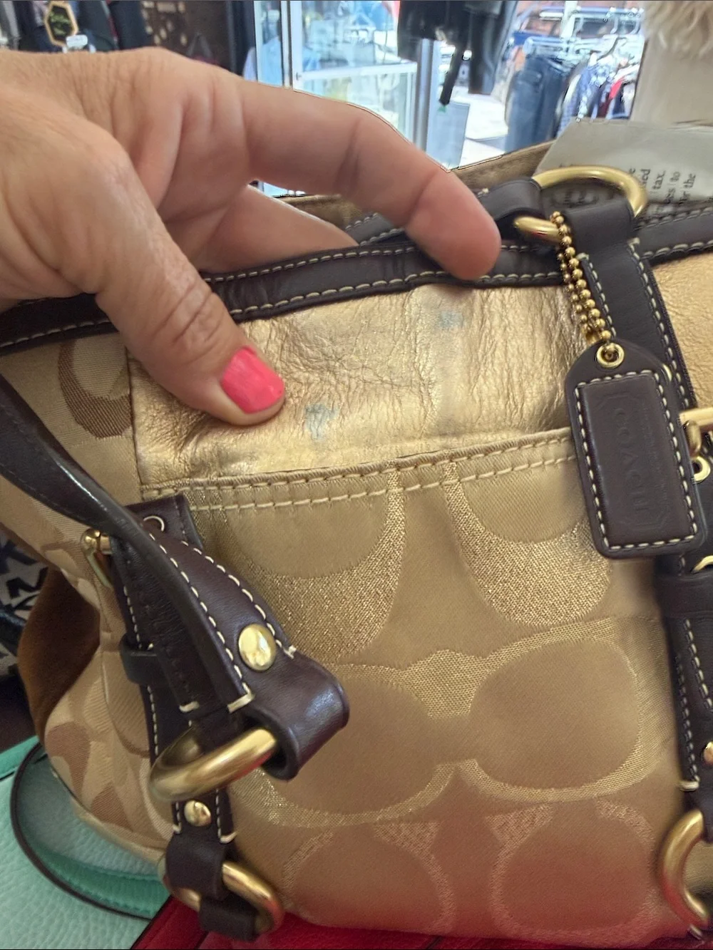 Coach Patchwork Signature Shoulder Tote in Metallic Gold and Brown Leather Trim